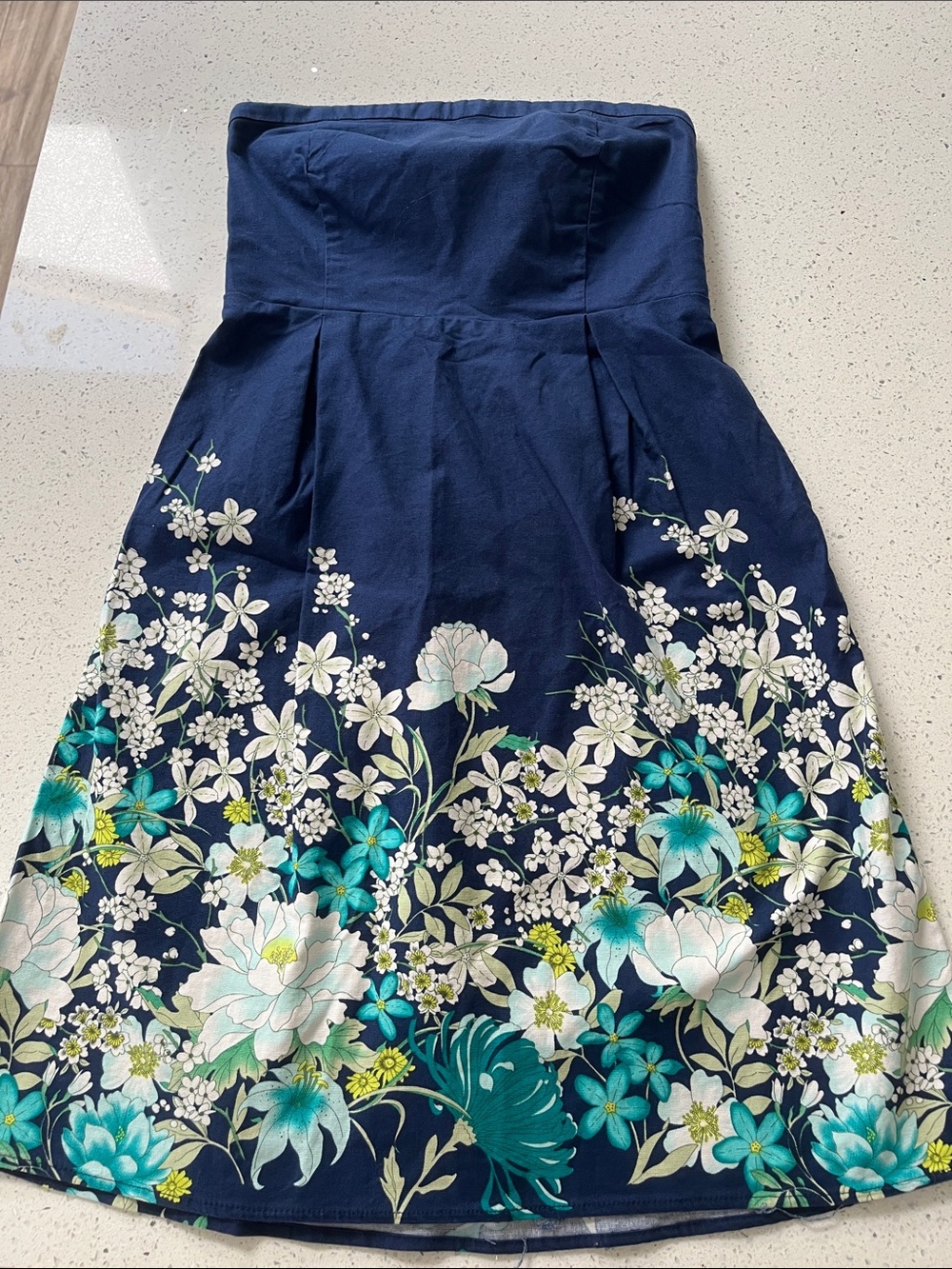 Navy Floral Strapless Party Dress